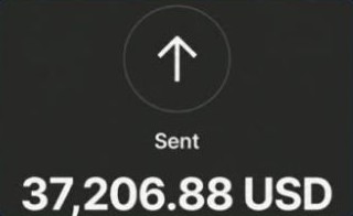Payment app showing 37,206.88 USD sent to Ryan