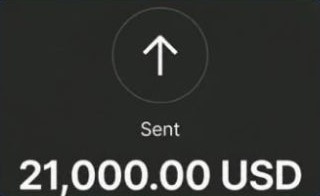 Payment app showing 21,000.00 USD sent to Taylor
